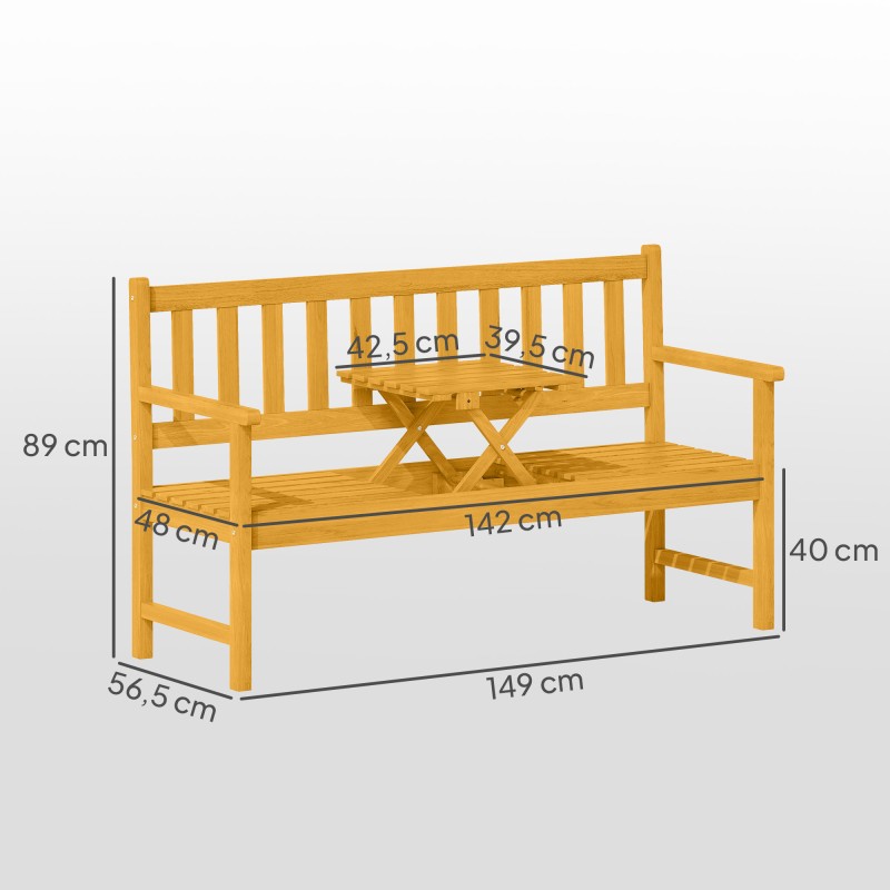 Puutarhapenkki 2–3 hengelle, akaasiapuu, taitettavalla pöydällä, 149x56,5x89 cm, teak