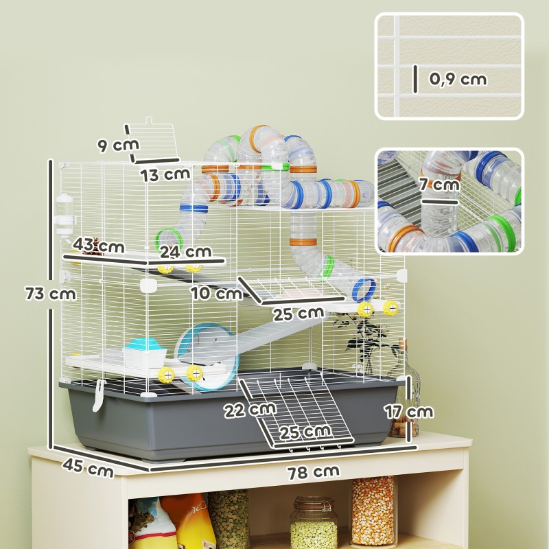 Hamsterihäkki kääpiöhamsterille, 4 tasoa, tunnelijärjestelmä, tarvikkeet, 78 x 45 x 73 cm, harmaa