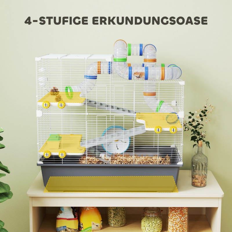 Hamsterihäkki kääpiöhamsterille, 4 tasoa, tunnelijärjestelmä, tarvikkeet, 78 x 45 x 73 cm, harmaa