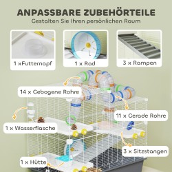 Hamsterihäkki kääpiöhamsterille, 4 tasoa, tunnelijärjestelmä, tarvikkeet, 78 x 45 x 73 cm, harmaa