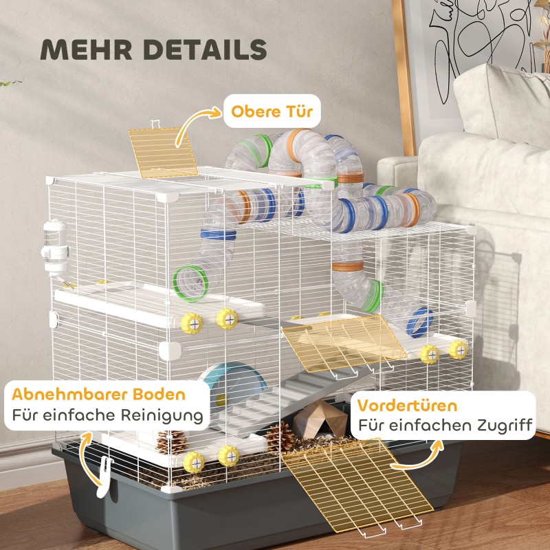 Hamsterihäkki kääpiöhamsterille, 4 tasoa, tunnelijärjestelmä, tarvikkeet, 78 x 45 x 73 cm, harmaa