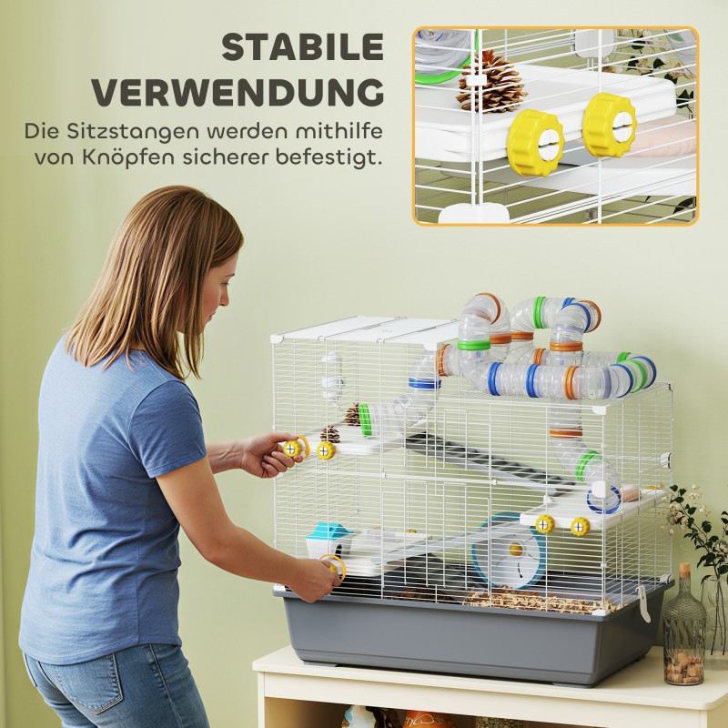 Hamsterihäkki kääpiöhamsterille, 4 tasoa, tunnelijärjestelmä, tarvikkeet, 78 x 45 x 73 cm, harmaa