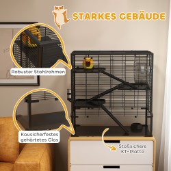 Hamsterinhäkki kääpiöhamsterille, lasipohja, 4 tasoa, teräs/alumiini/lasi, 78,5 x 48,5 x 80 cm, musta