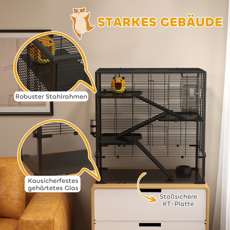 Hamsterinhäkki kääpiöhamsterille, lasipohja, 4 tasoa, teräs/alumiini/lasi, 78,5 x 48,5 x 80 cm, musta