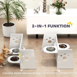 Koiran ruokintateline kahdella teräskupilla ja hidastavalla ruokailumatolla, korkeussäädettävä, valkoinen