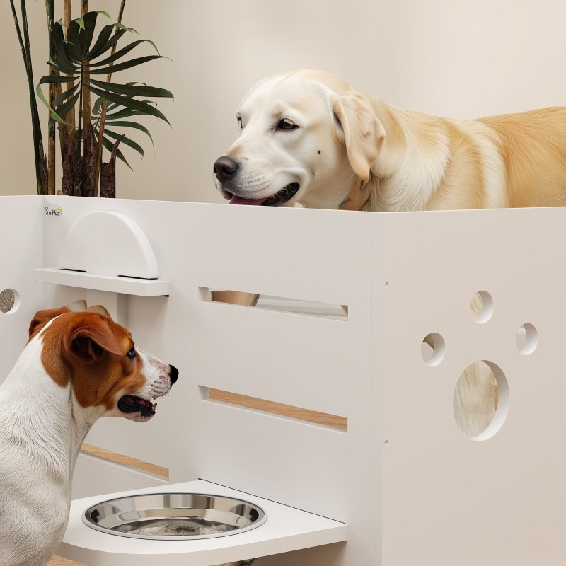 Koiran ruokintateline kahdella teräskupilla ja hidastavalla ruokailumatolla, korkeussäädettävä, valkoinen