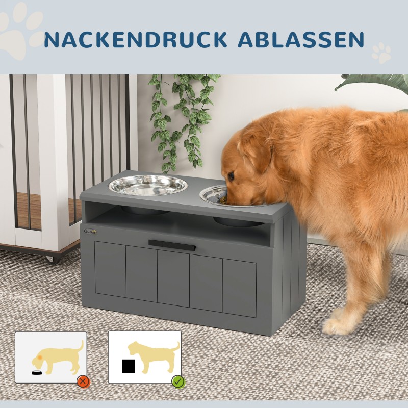 Koiran ruokintakaappi isoille koirille, 2 teräskulhoa, hidasruokakulho ja vetolaatikko, MDF ja teräs, harmaa