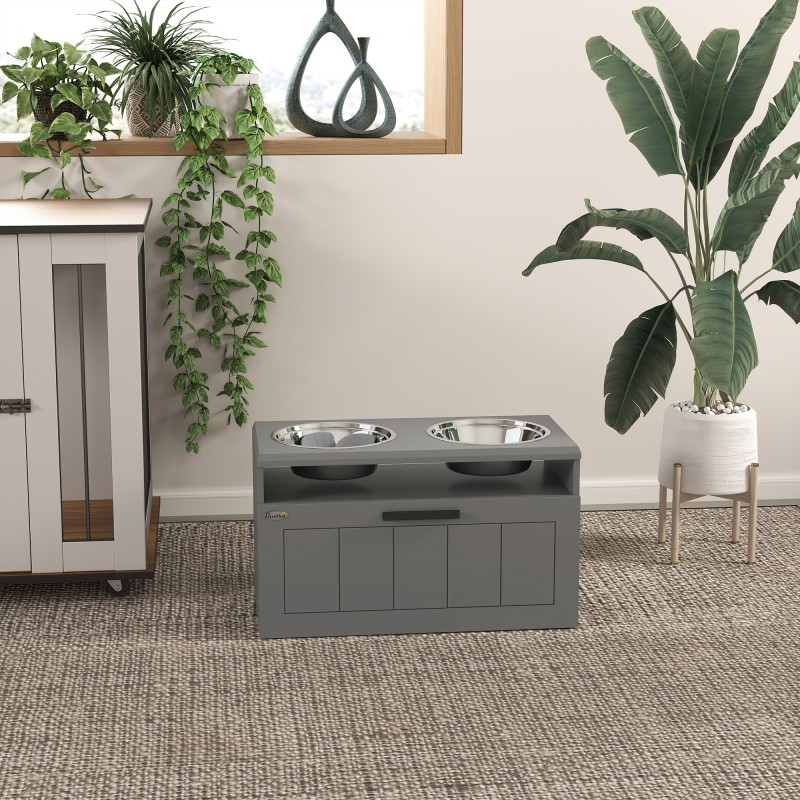 Koiran ruokintakaappi isoille koirille, 2 teräskulhoa, hidasruokakulho ja vetolaatikko, MDF ja teräs, harmaa