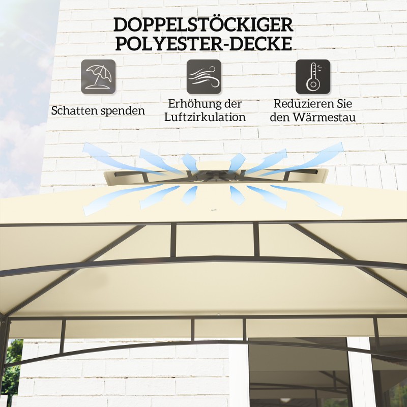 Grillikatos ulkokeittiölle, teräsrunko ja polyesterikatto, hyllyt ja säilytyskorit, beige