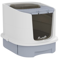 Kissan suljettu hiekkalaatikko yläaukolla ja vetolaatikolla muovi 40 5 x 52 5 x 42 5 cm harmaa valkoinen musta