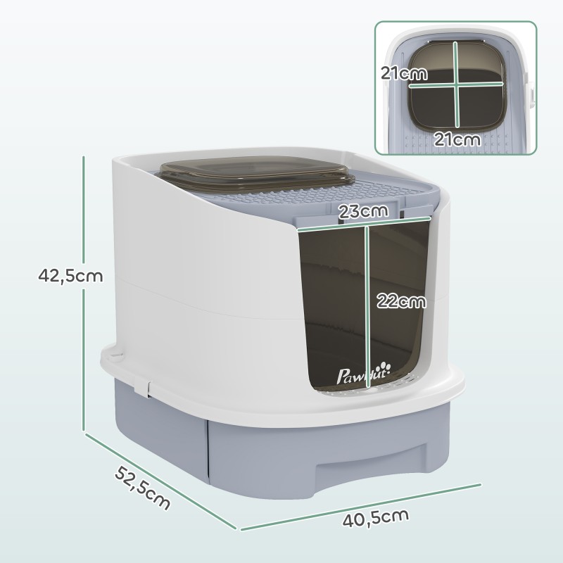 Kissan suljettu hiekkalaatikko yläaukolla ja vetolaatikolla, muovi, 40,5 x 52,5 x 42,5 cm, harmaa-valkoinen-musta