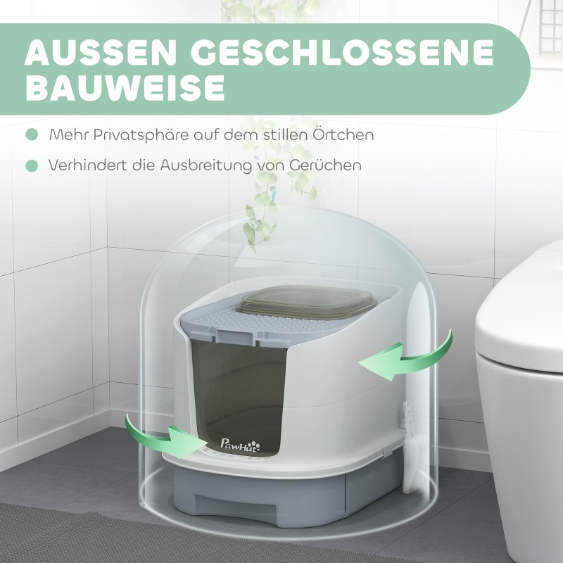 Kissan suljettu hiekkalaatikko yläaukolla ja vetolaatikolla, muovi, 40,5 x 52,5 x 42,5 cm, harmaa-valkoinen-musta