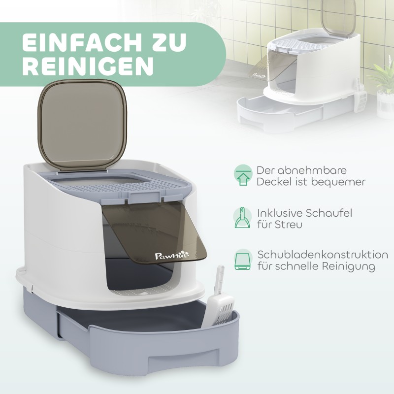 Kissan suljettu hiekkalaatikko yläaukolla ja vetolaatikolla, muovi, 40,5 x 52,5 x 42,5 cm, harmaa-valkoinen-musta