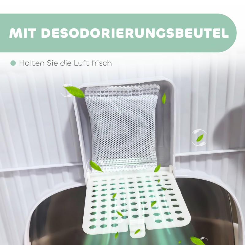 Kissan suljettu hiekkalaatikko yläaukolla ja vetolaatikolla, muovi, 40,5 x 52,5 x 42,5 cm, harmaa-valkoinen-musta