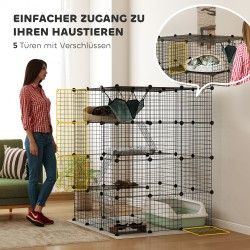 Kissahäkki sisäkäyttöön 4-tasoinen metalliverkko 105 x 105 x 140 cm musta, rampeilla ja riippumatolla