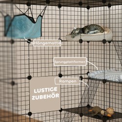 Kissahäkki sisäkäyttöön 4-tasoinen metalliverkko 105 x 105 x 140 cm musta, rampeilla ja riippumatolla