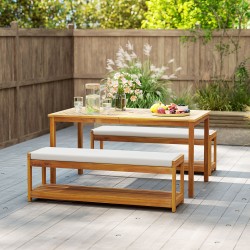 Puutarhan ruokailuryhmä 3-osainen, akasiapuu, pöytä 150x85x75 cm ja 2 penkkiä, teak/harmaa