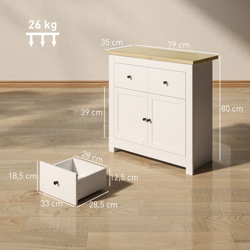 Laatikosto kaappi soft close -ovilla ja 2 laatikolla, lastulevy, 79 x 35 x 80 cm, valkoinen tammi