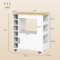 Keittiövaunu pyörillä ja työtasolla, viiniteline, kaappi ja hyllyt, valkoinen