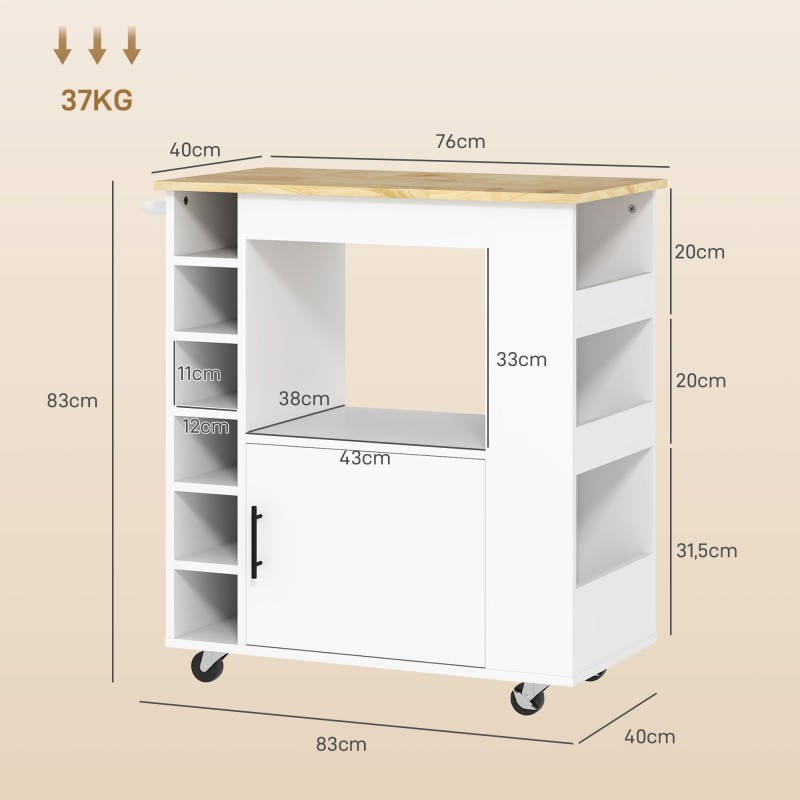 Keittiövaunu pyörillä ja työtasolla, viiniteline, kaappi ja hyllyt, valkoinen
