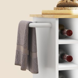 Keittiövaunu pyörillä ja työtasolla, viiniteline, kaappi ja hyllyt, valkoinen