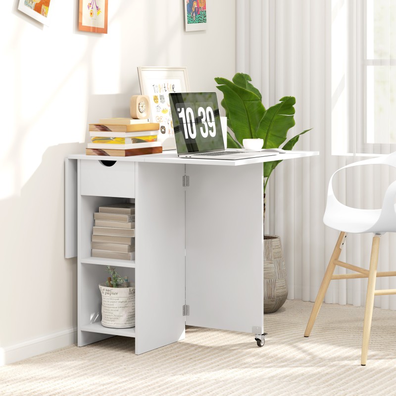 Taitettava ruokapöytä 2–4 hengelle, säilytystilalla ja pyörillä, lastulevy, valkoinen