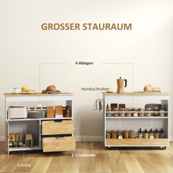 Keittiövaunu / siirrettävä keittiösaareke, kumipuu työtaso 100 x 50 cm, valkoinen