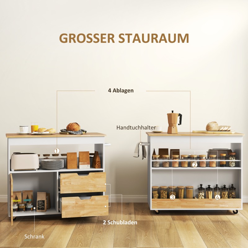 Keittiövaunu / siirrettävä keittiösaareke, kumipuu työtaso 100 x 50 cm, valkoinen