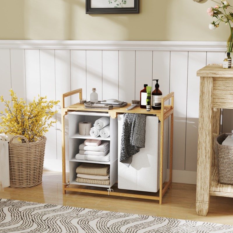 Pyykkikaappi bambusta 2 kangaspussilla ja vetolaatikolla 70 x 36 x 70 cm valkoinen/puu