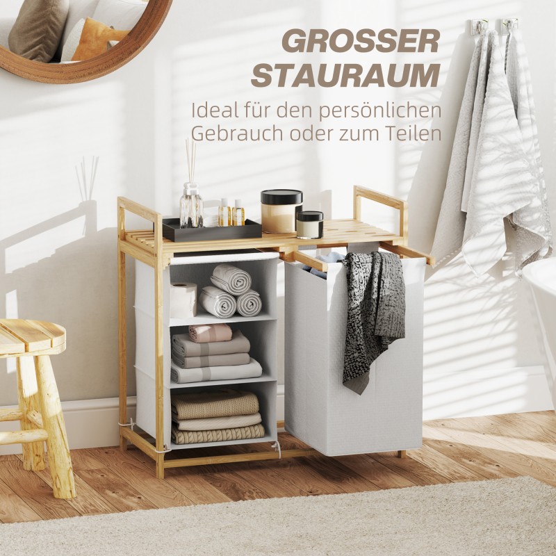 Pyykkikaappi bambusta 2 kangaspussilla ja vetolaatikolla 70 x 36 x 70 cm valkoinen/puu