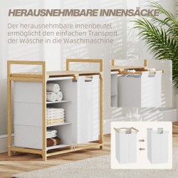 Pyykkikaappi bambusta 2 kangaspussilla ja vetolaatikolla 70 x 36 x 70 cm valkoinen/puu