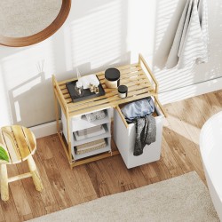 Pyykkikaappi bambusta 2 kangaspussilla ja vetolaatikolla 70 x 36 x 70 cm valkoinen/puu