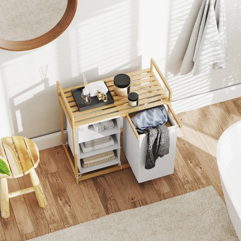 Pyykkikaappi bambusta 2 kangaspussilla ja vetolaatikolla 70 x 36 x 70 cm valkoinen/puu