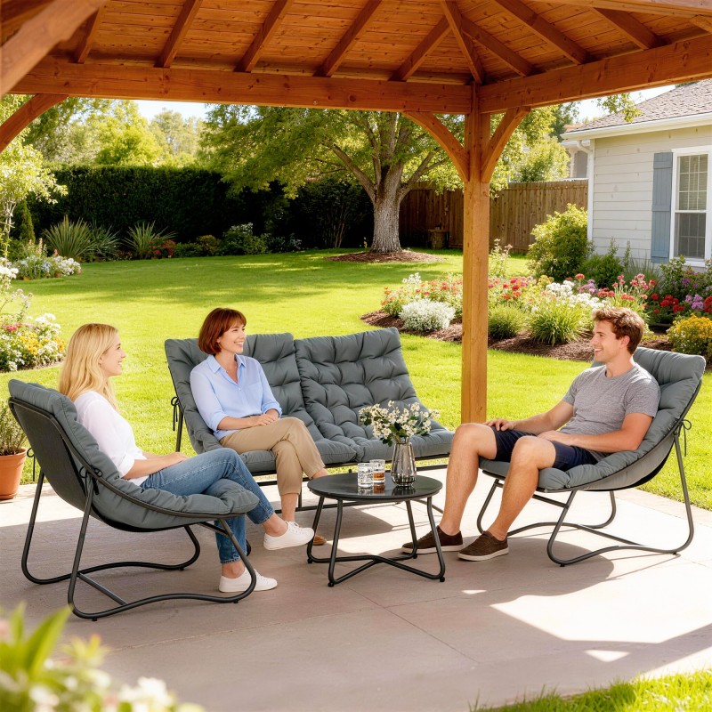 4-osainen terassikalustesetti ulkokäyttöön, teräsrunko, 2 tuolia, 2 hengen sohva ja pöytä, harmaa