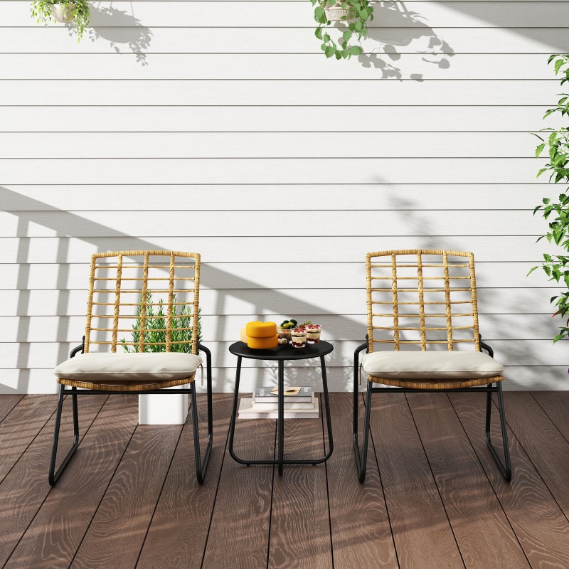 Parveke- ja puutarhakalustesetti 3-osainen, polyrottinki, 2 tuolia ja pöytä, beige/ruskea/musta