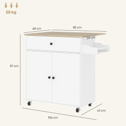 Keittiövaunu laatikolla ja kaapilla, taitettava työtaso, 106 x 42 x 87 cm, valkoinen/tammi