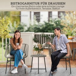 Kolmiosainen ulkokalustesetti kahdelle, rattan-tyyli, teräsrunko, pöytä lasikannella, tummanharmaa