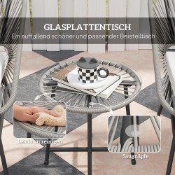 Kolmiosainen ulkokalustesetti kahdelle, rattan-tyyli, teräsrunko, pöytä lasikannella, tummanharmaa