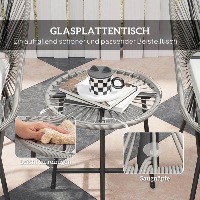 Kolmiosainen ulkokalustesetti kahdelle, rattan-tyyli, teräsrunko, pöytä lasikannella, tummanharmaa