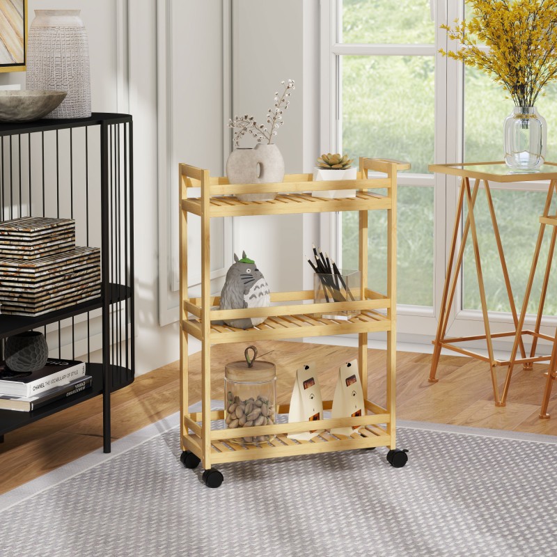 Bambusta valmistettu kapea tarjoilu- ja säilytyskärry, 3 tasoa, 55 x 20 x 75 cm, luonnonpuu