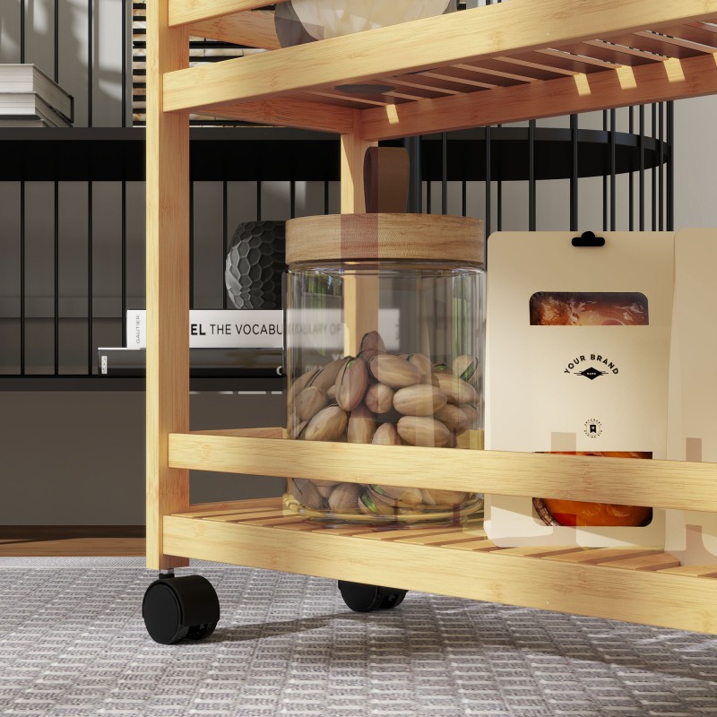 Bambusta valmistettu kapea tarjoilu- ja säilytyskärry, 3 tasoa, 55 x 20 x 75 cm, luonnonpuu