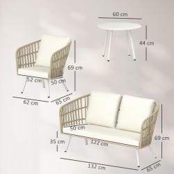 Polyrottinki puutarhakalustesetti 4 hengelle, sohva + 2 nojatuolia + pöytä, creme/khaki