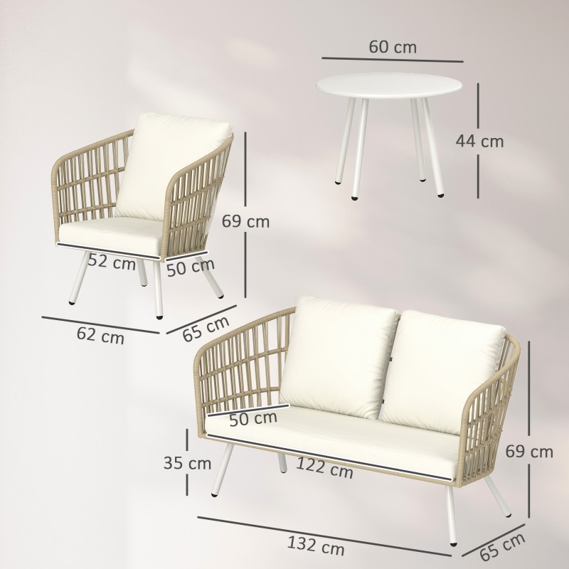 Polyrottinki puutarhakalustesetti 4 hengelle, sohva + 2 nojatuolia + pöytä, creme/khaki