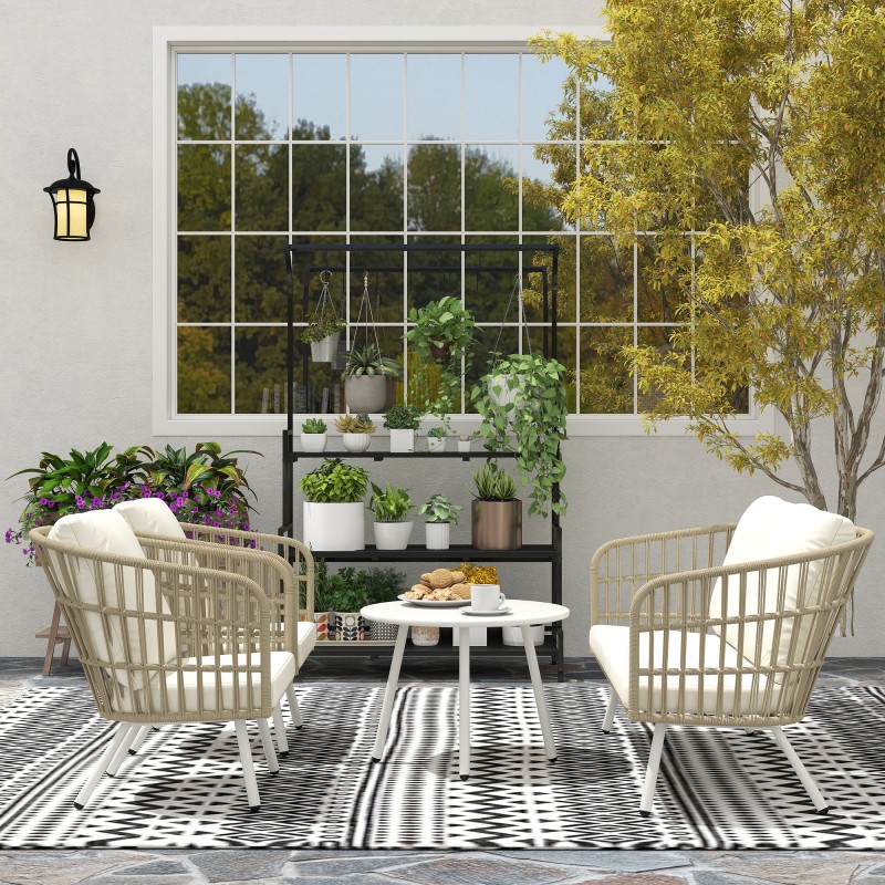 Polyrottinki puutarhakalustesetti 4 hengelle, sohva + 2 nojatuolia + pöytä, creme/khaki