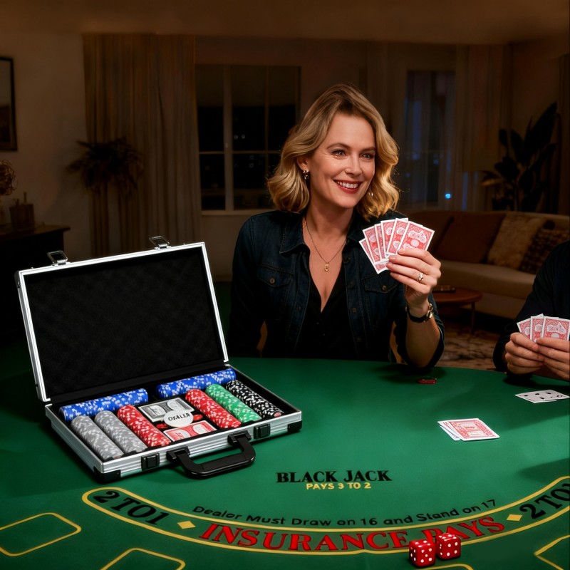 Pokerisetti salkussa, 400 pelimerkkiä, 2 korttipakkaa, 5 noppaa, dealer-merkki ja pöytäalusta