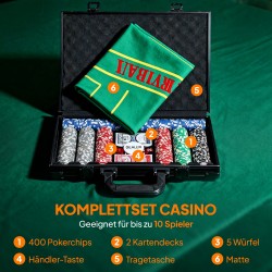 Pokerisetti salkussa, 400 pelimerkkiä, 2 korttipakkaa, 5 noppaa, dealer-merkki ja pöytäalusta