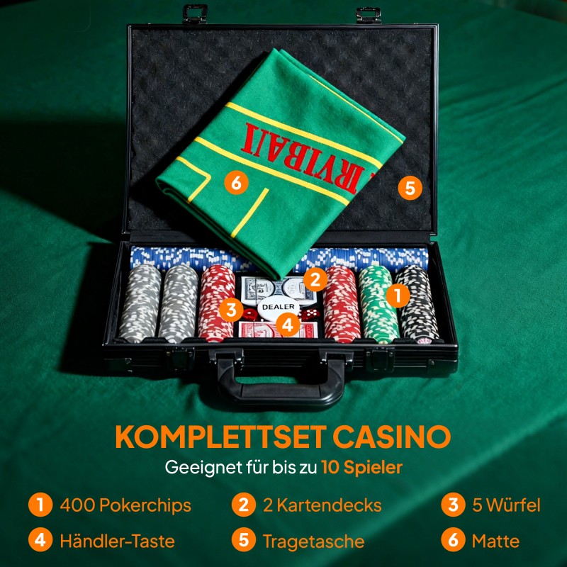 Pokerisetti salkussa, 400 pelimerkkiä, 2 korttipakkaa, 5 noppaa, dealer-merkki ja pöytäalusta
