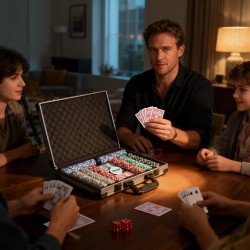 Pokerisetti salkussa, 400 pelimerkkiä, 2 korttipakkaa, 5 noppaa, dealer-merkki ja pöytäalusta