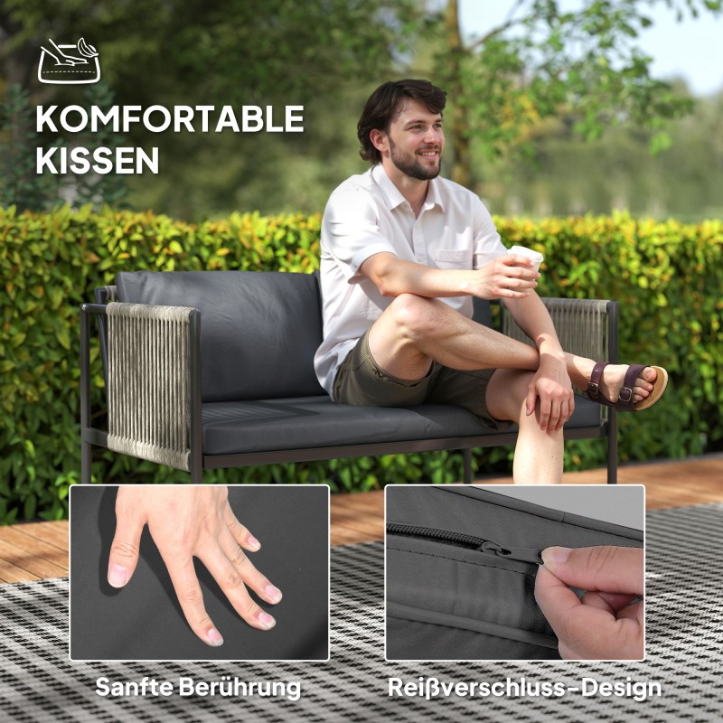 Ulkokalustesetti 4 osaa, sohva, 2 nojatuolia ja lasikannellinen pöytä, teräsrunko ja muovipunos, harmaa/musta