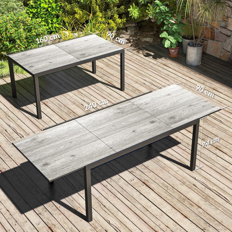 Jatkettava ulkoruokapöytä 6–8 hengelle, alumiini/teräs/muovi, 160–240 x 90 cm, harmaa